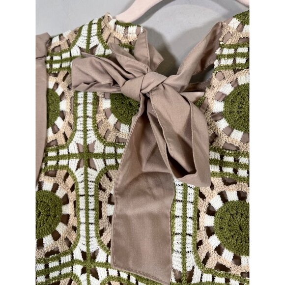 Retro Quilt Patchwork Crochet Dress Tan XL Boho Indie Folk Preppy Neutral 80s - Picture 8 of 11